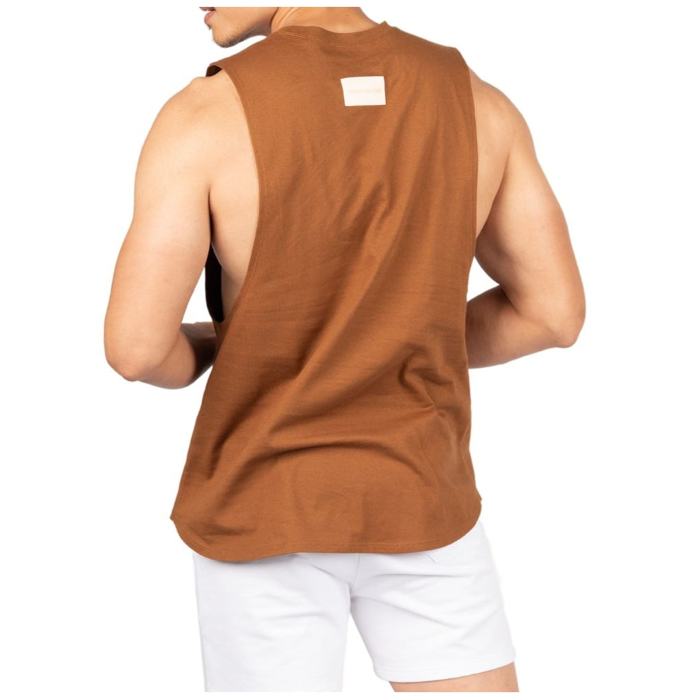 Private Structure เสื้อแขนกุด Crew Neck Easy Fit Muscle Tee – Brown [4719] / นายแบบอก 41" Size M
