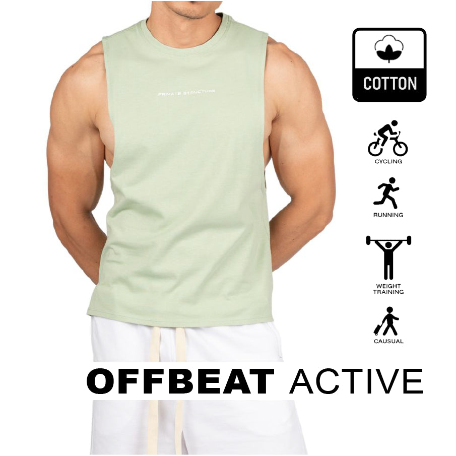 Private Structure เสื้อกล้ามออกกำลังกาย Crew Neck Easy Fit Muscle Tee – Salt Green [4720] / นายแบบอก 41" Size M